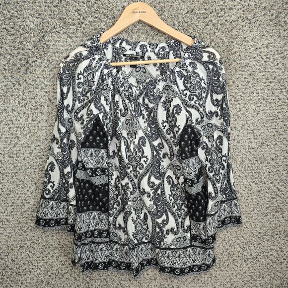 Lucky Brand Tops - Lucky Brand Top Womens Medium Black Paisley Print Peasant Blouse Casual Neck Tie